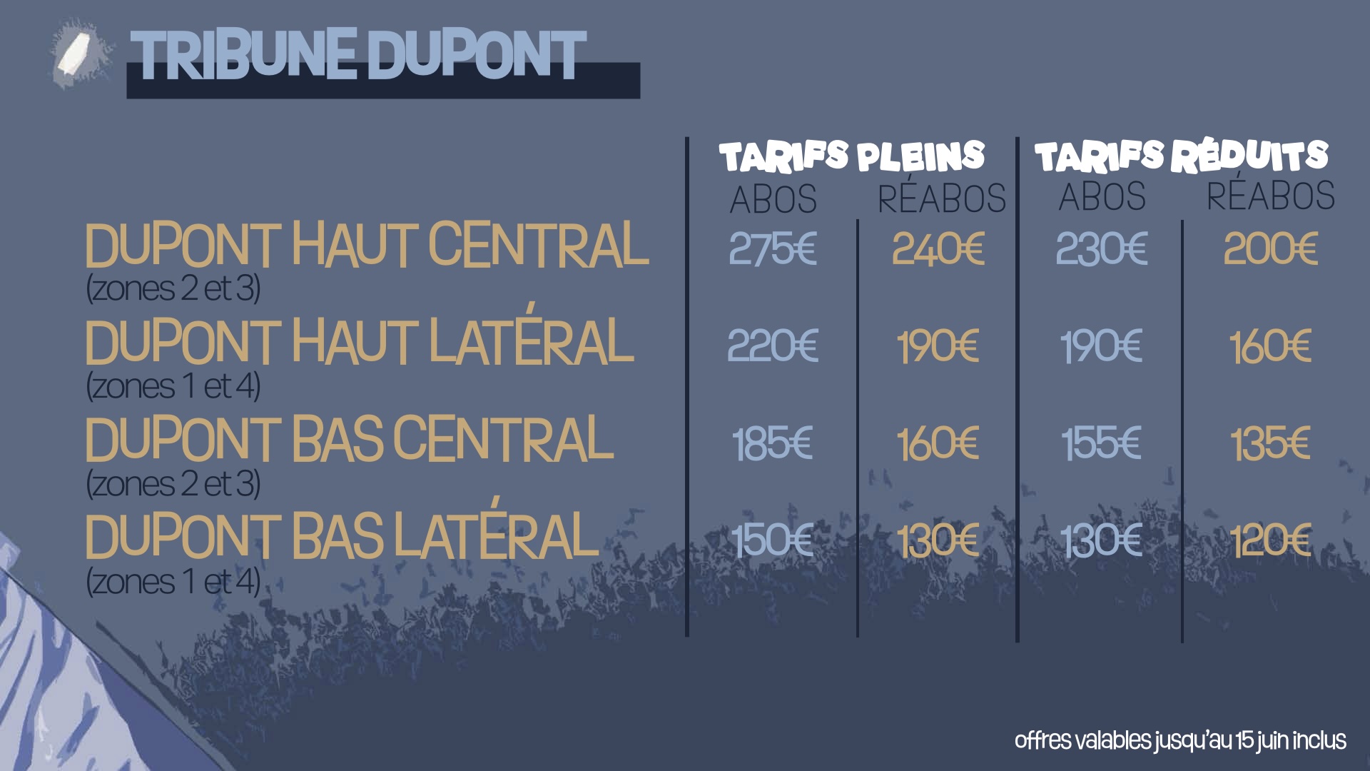 Tarifs abonnement tribune Dupont 2026-2027